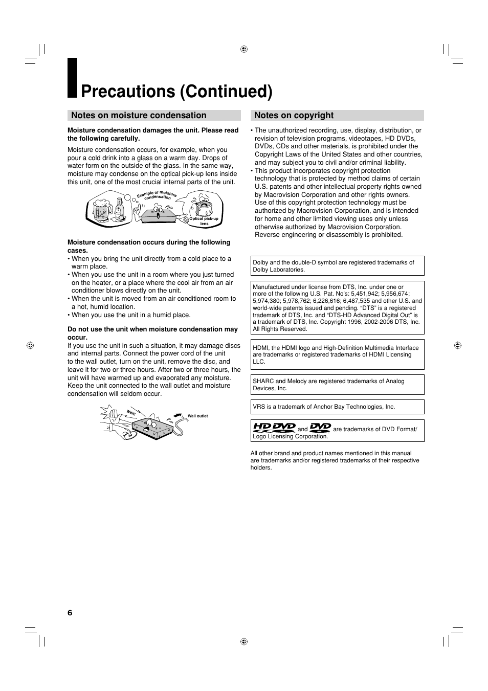 Precautions (continued) | Toshiba HD-EP35KB User Manual | Page 6 / 40