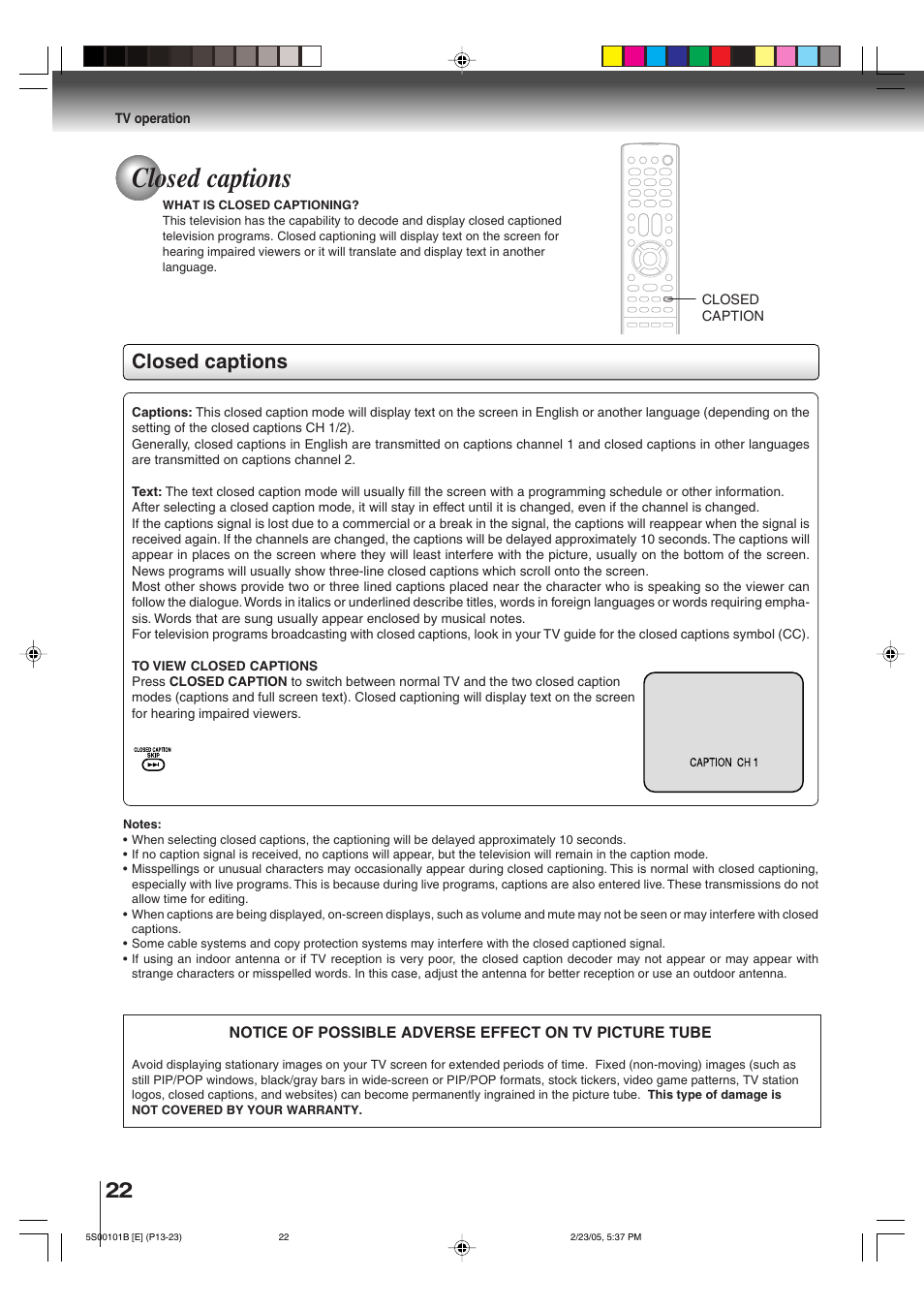 Closed captions | Toshiba MD14F51 User Manual | Page 22 / 52