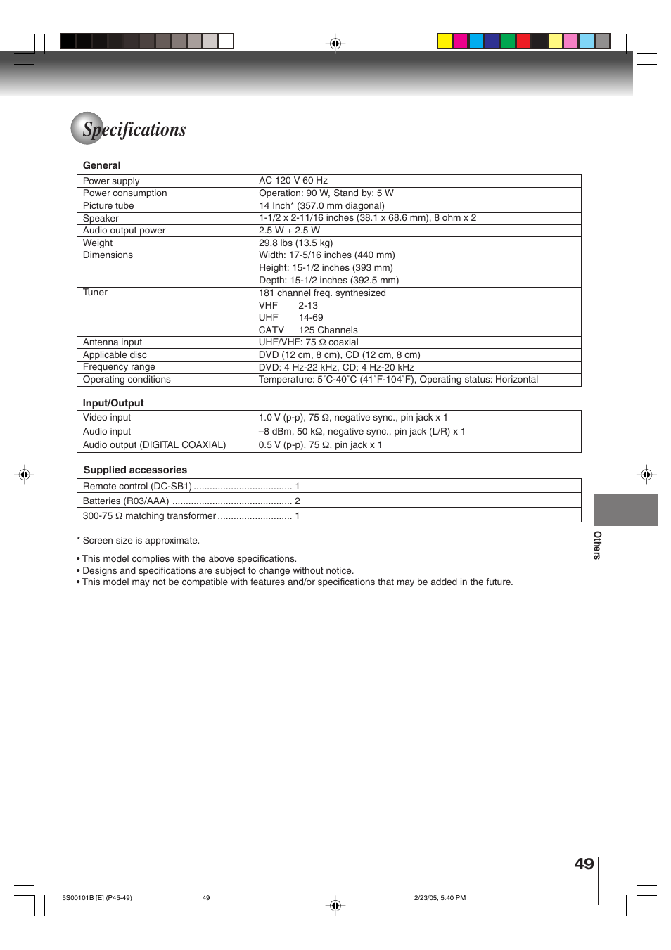 Specifications | Toshiba MD14F51 User Manual | Page 49 / 52