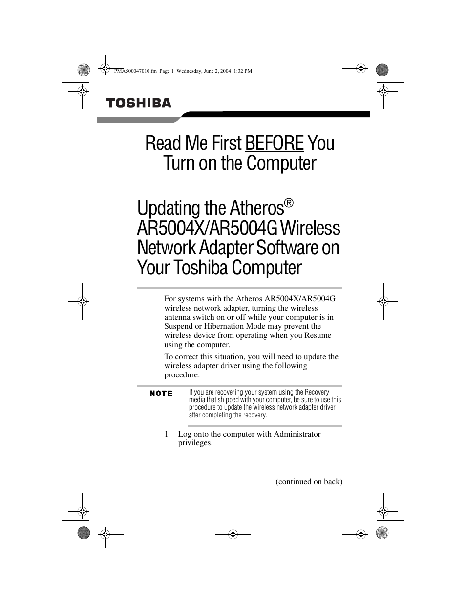 Toshiba ATHEROS AR5004G User Manual | 2 pages