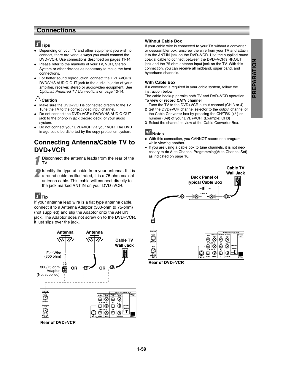 Introduction, Preparation, Connections | Antenna/cable tv to dvd+vcr, Connecting antenna/cable tv to dvd+vcr, Prep ara tion | Toshiba SD-V390-S-TU User Manual | Page 11 / 48