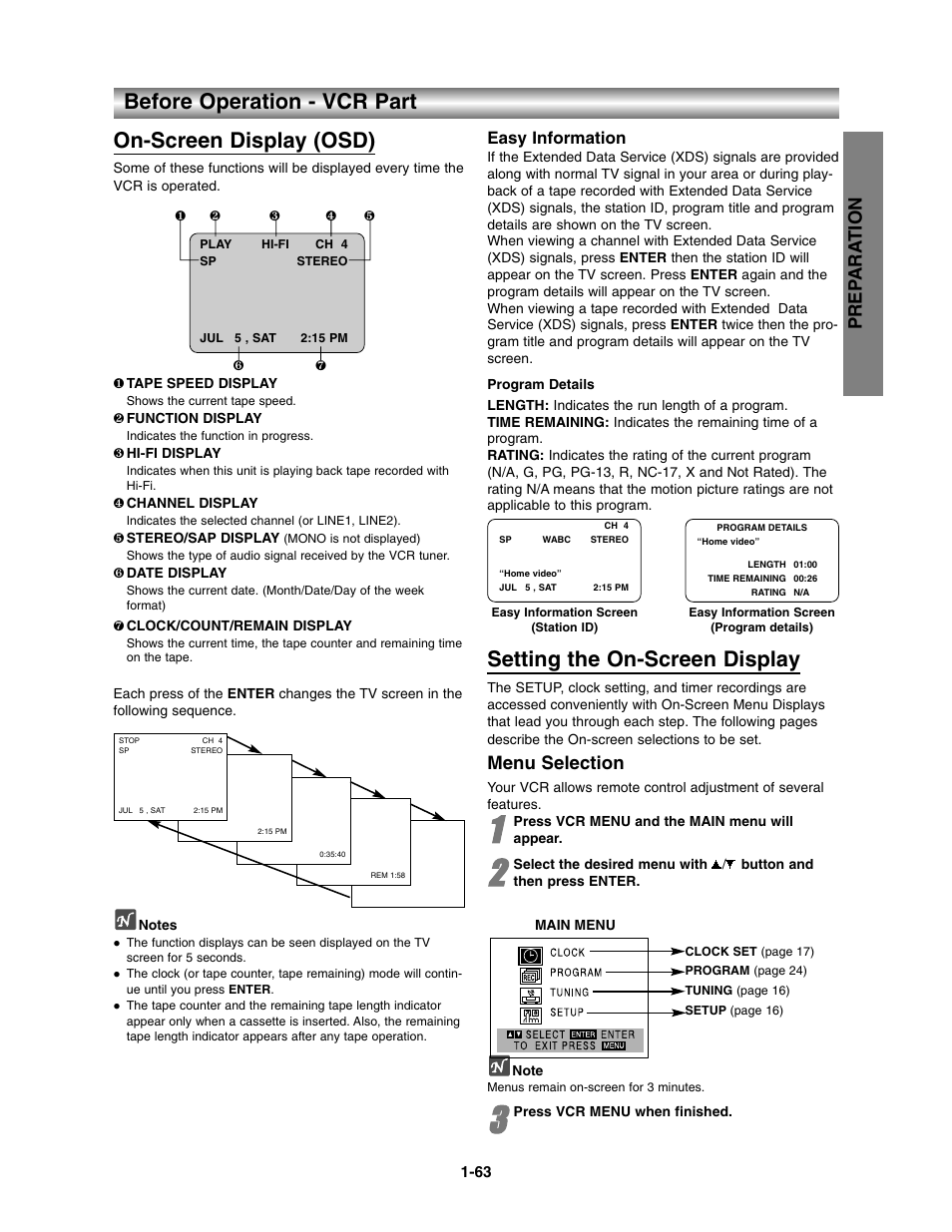 Vcr part, On-screen display, On-screen display (osd) | Setting the on-screen display, Before operation - vcr part, Prep ara tion, Menu selection, Easy information | Toshiba SD-V390-S-TU User Manual | Page 15 / 48