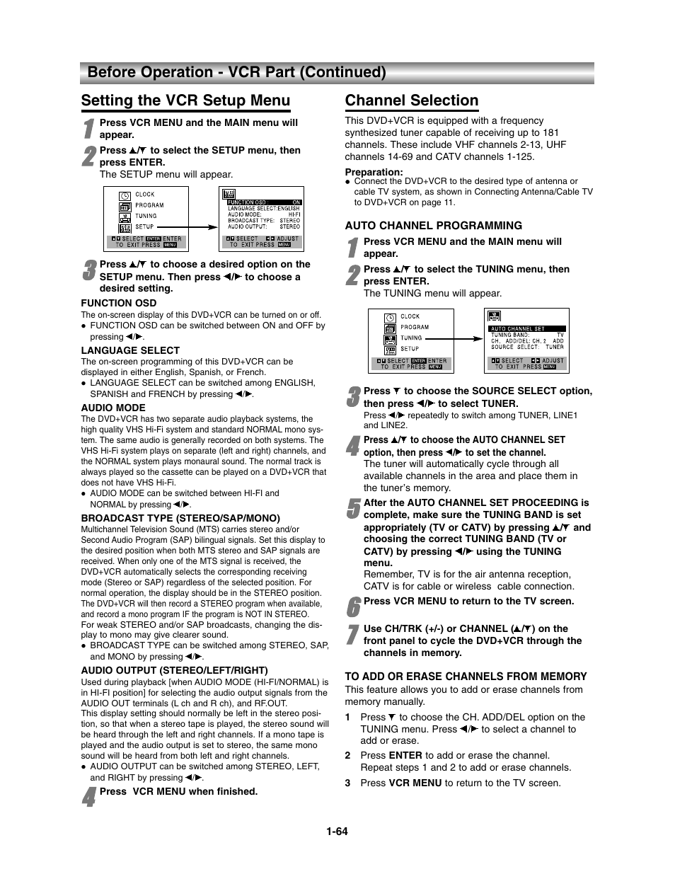 Setting the vcr setup menu / channel selection, Channel selection | Toshiba SD-V390-S-TU User Manual | Page 16 / 48
