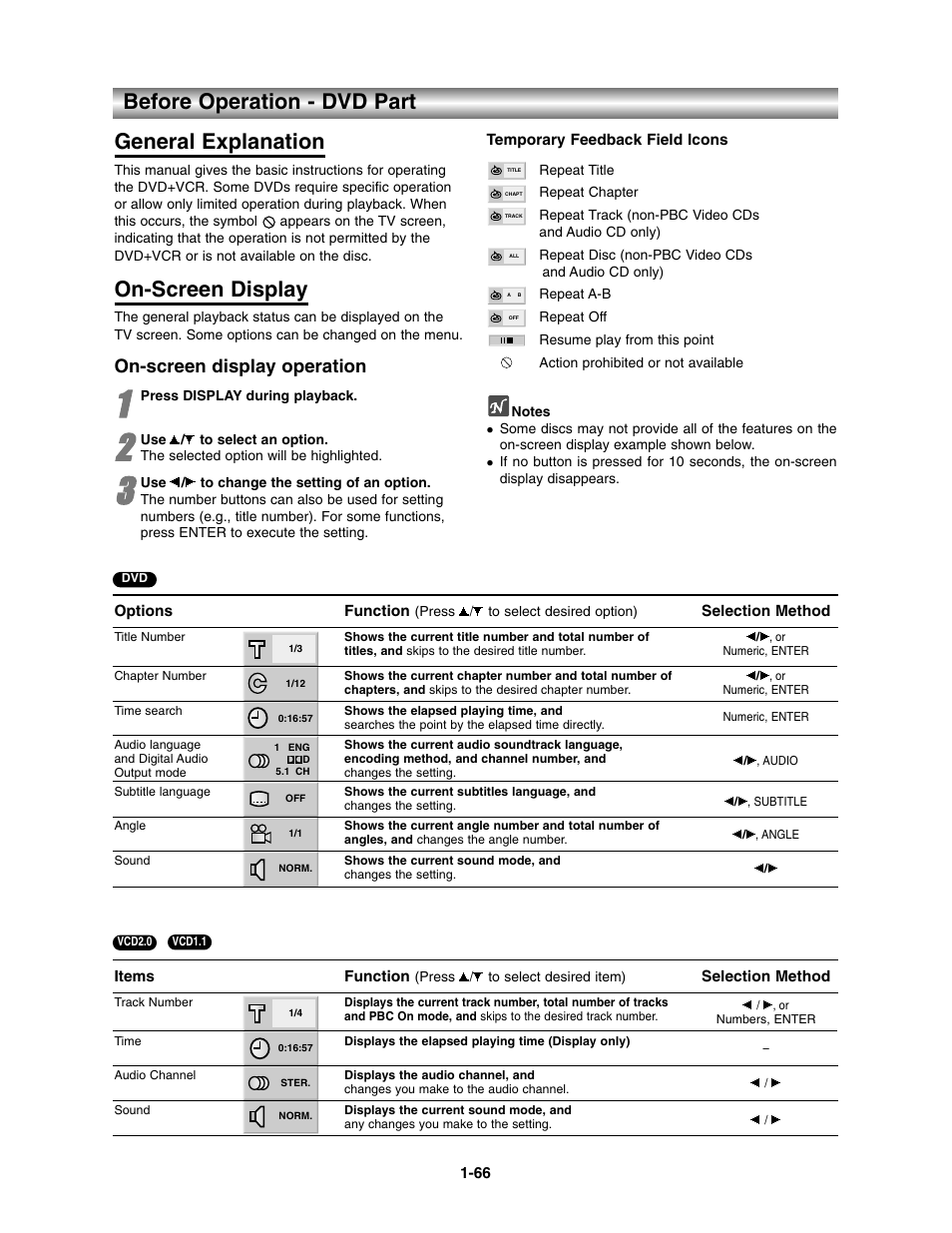 Dvd part, General explanation / on-screen display, Before operation - dvd part general explanation | On-screen display, On-screen display operation | Toshiba SD-V390-S-TU User Manual | Page 18 / 48
