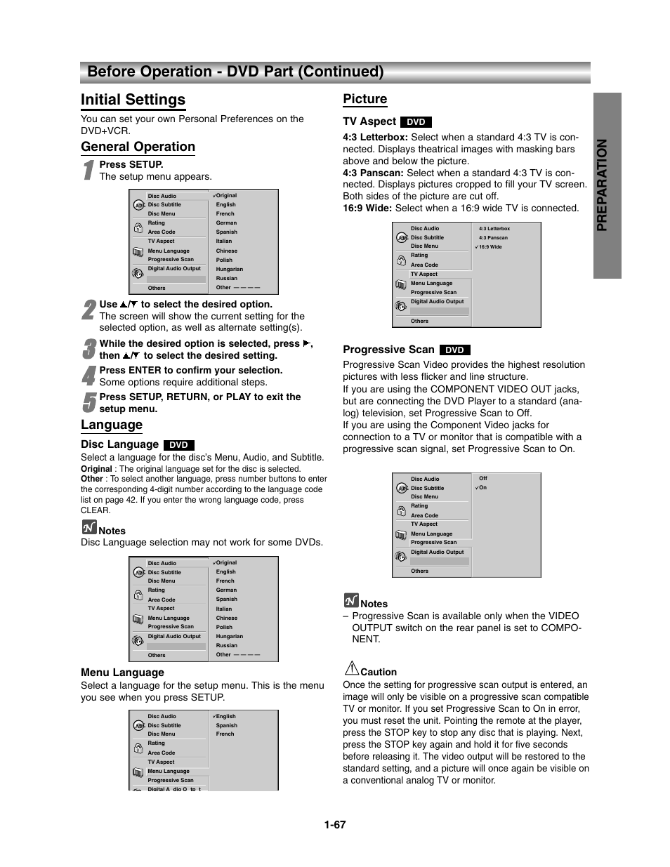 Initinal settings, Prep ara tion, General operation | Language, Picture, Disc language, Menu language, Tv aspect, Progressive scan | Toshiba SD-V390-S-TU User Manual | Page 19 / 48