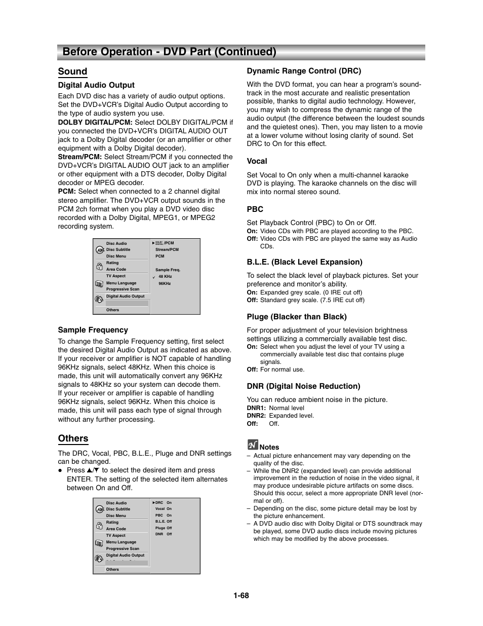 Before operation - dvd part (continued), Sound, Others | Digital audio output, Sample frequency, Dynamic range control (drc), Vocal, B.l.e. (black level expansion), Pluge (blacker than black), Dnr (digital noise reduction) | Toshiba SD-V390-S-TU User Manual | Page 20 / 48