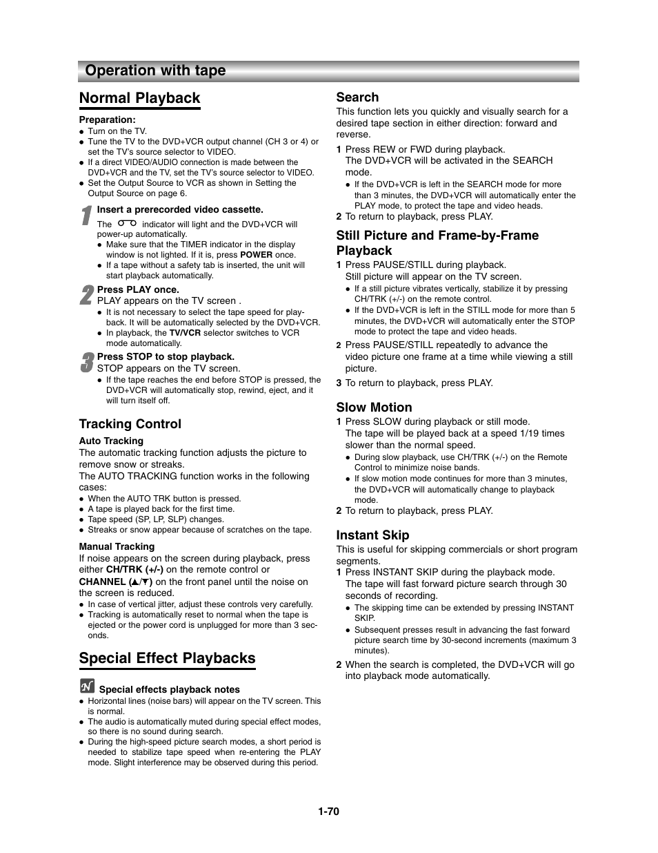 Operation with tape, Normal playback, Special effect playbacks | Operation with tape normal playback, Tracking control, Search, Still picture and frame-by-frame playback, Slow motion, Instant skip | Toshiba SD-V390-S-TU User Manual | Page 22 / 48