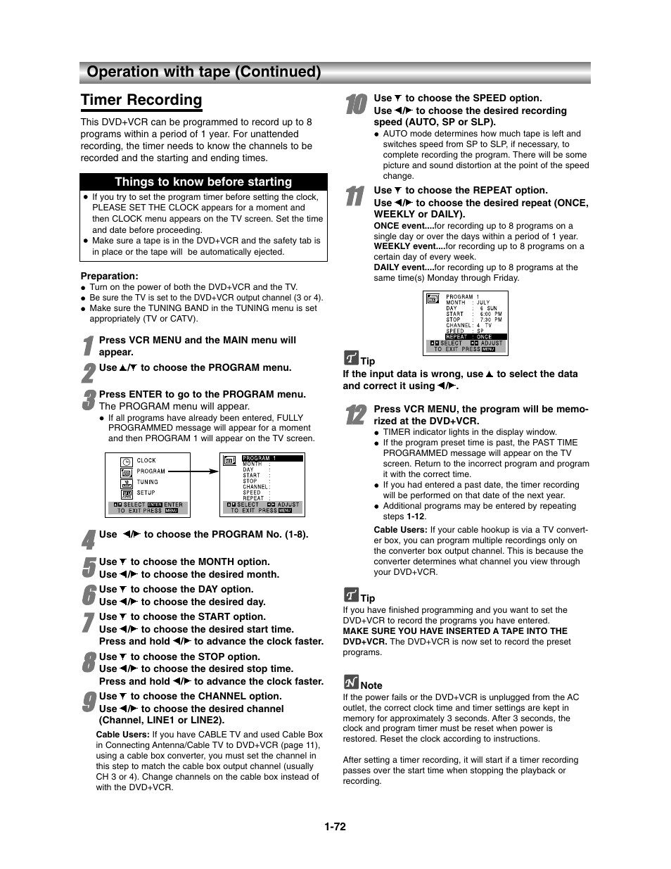 Timer recording, Operation with tape (continued) timer recording | Toshiba SD-V390-S-TU User Manual | Page 24 / 48