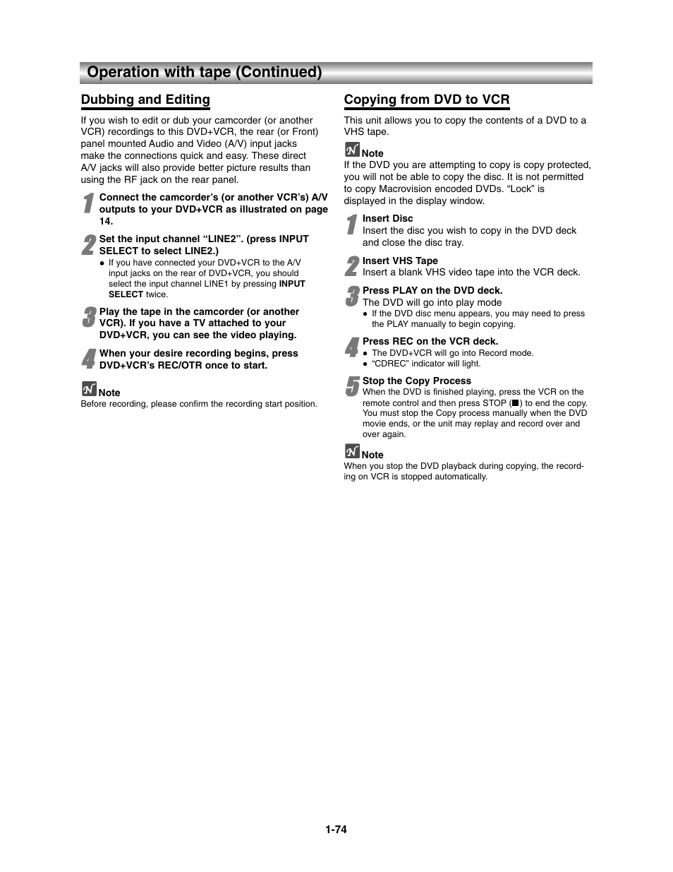 Dubbing and editing / copying from dvd to vcr, Operation with tape (continued) | Toshiba SD-V390-S-TU User Manual | Page 26 / 48