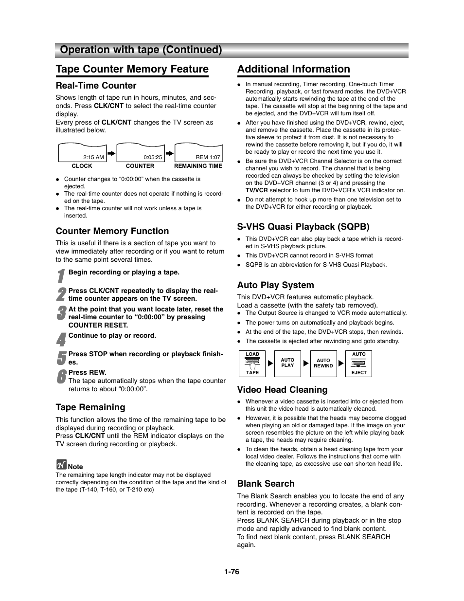 Additional information, Real-time counter, Tape remaining | S-vhs quasi playback (sqpb), Auto play system, Video head cleaning, Blank search | Toshiba SD-V390-S-TU User Manual | Page 28 / 48