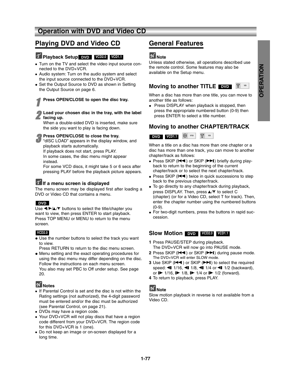 Operation with dvd and video cd, Playing dvd and video cd / general features, General features | Opera tion, Moving to another title, Moving to another chapter/track, Slow motion | Toshiba SD-V390-S-TU User Manual | Page 29 / 48