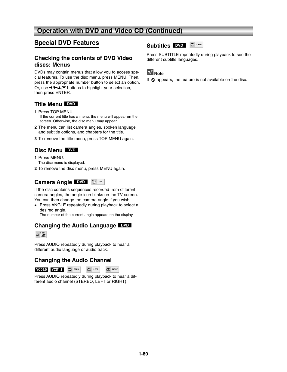 Special dvd features, Checking the contents of dvd video discs: menus, Title menu | Disc menu, Camera angle, Changing the audio language, Changing the audio channel, Subtitles | Toshiba SD-V390-S-TU User Manual | Page 32 / 48