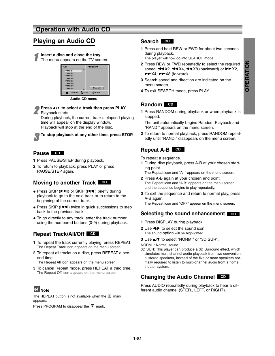 Operation with audio cd, Operation with audio cd playing an audio cd, Opera tion | Pause, Moving to another track, Repeat track/all/off, Search, Random, Repeat a-b, Selecting the sound enhancement | Toshiba SD-V390-S-TU User Manual | Page 33 / 48