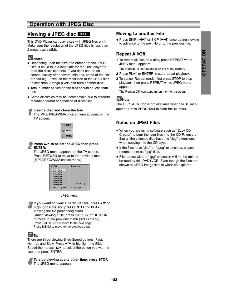 Operation with jpeg disc, Operation with jpeg disc viewing a jpeg disc, Opera tion | Moving to another file, Repeat all/off | Toshiba SD-V390-S-TU User Manual | Page 35 / 48