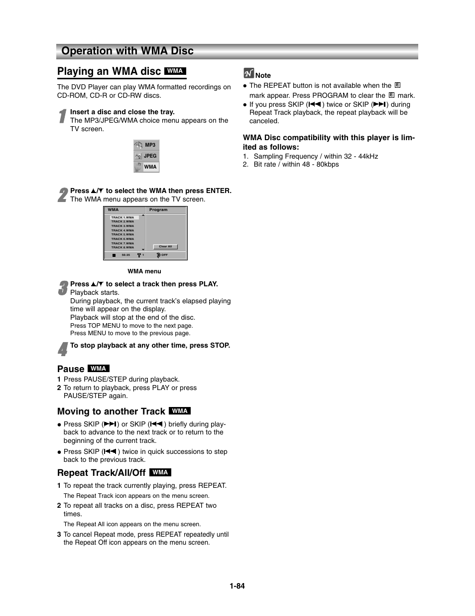 Operation with wma disc, Operation with wma disc playing an wma disc, Pause | Moving to another track, Repeat track/all/off | Toshiba SD-V390-S-TU User Manual | Page 36 / 48