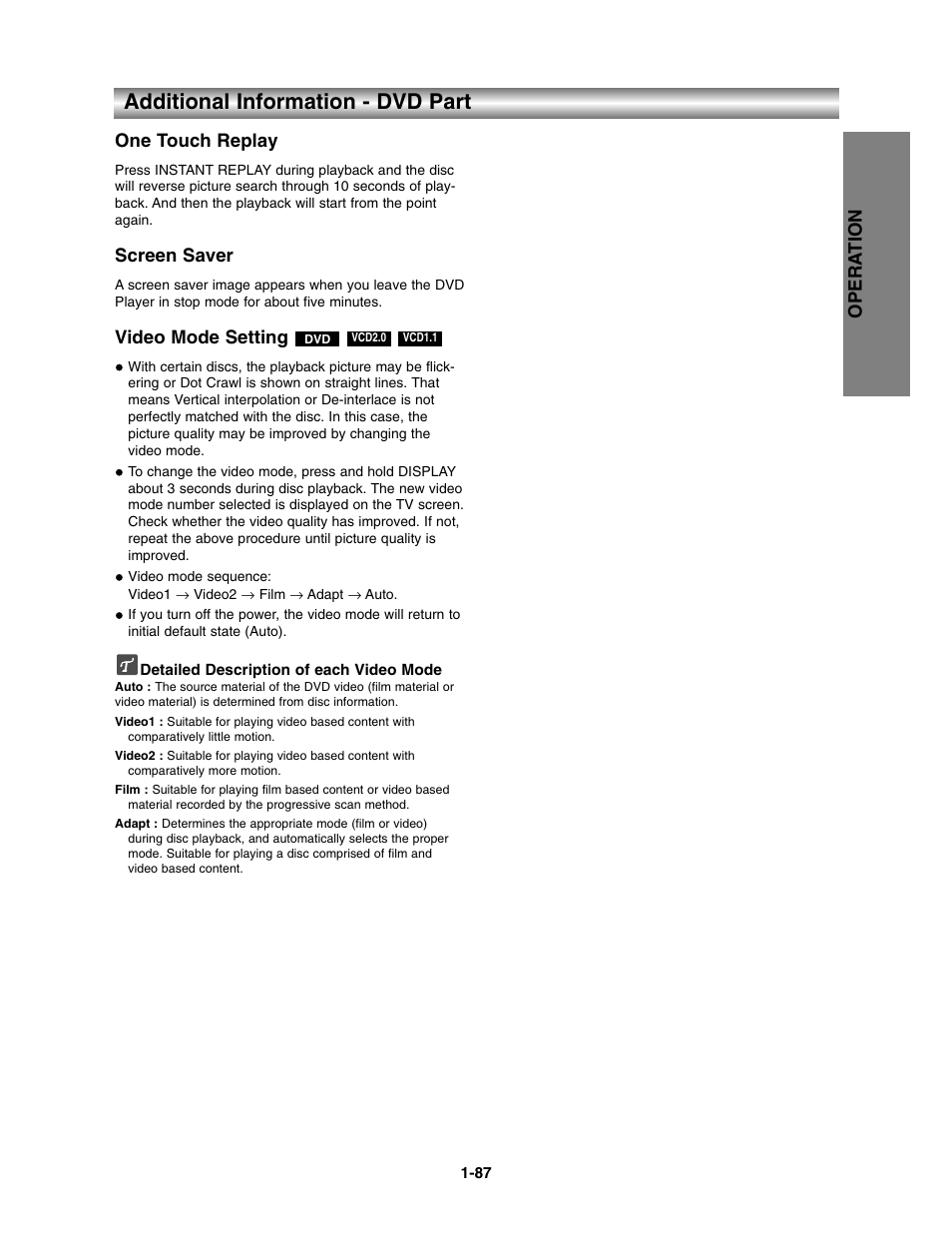 Additional information - dvd part, Opera tion one touch replay, Screen saver | Video mode setting | Toshiba SD-V390-S-TU User Manual | Page 39 / 48