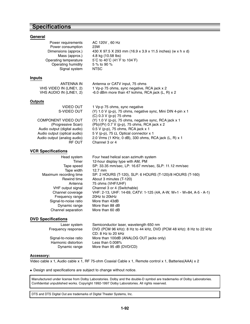 Specifications | Toshiba SD-V390-S-TU User Manual | Page 44 / 48