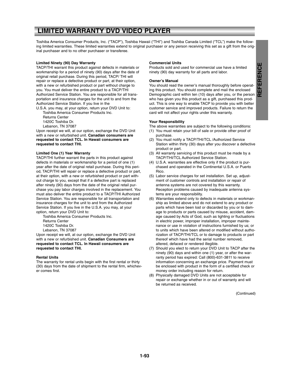 Limited warranty, Limited warranty dvd video player, Reference | Toshiba SD-V390-S-TU User Manual | Page 45 / 48
