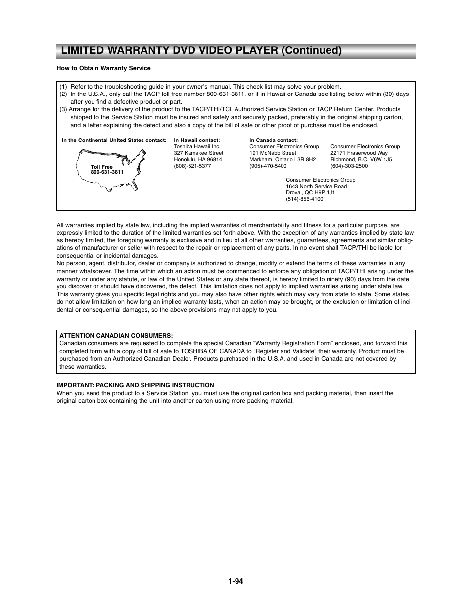Limited warranty dvd video player (continued) | Toshiba SD-V390-S-TU User Manual | Page 46 / 48