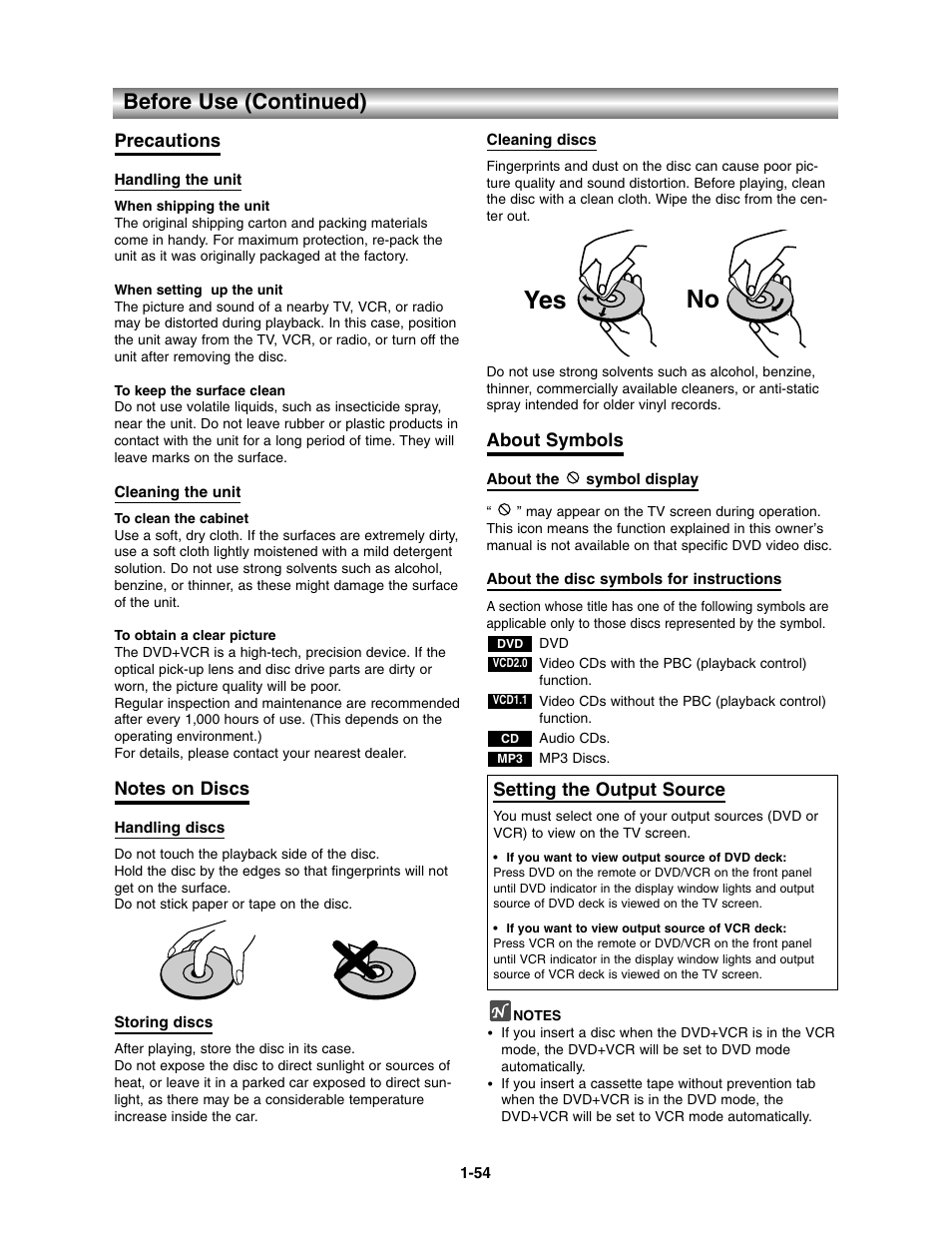 No yes, Before use (continued), Precautions | About symbols, Setting the output source | Toshiba SD-V390-S-TU User Manual | Page 6 / 48