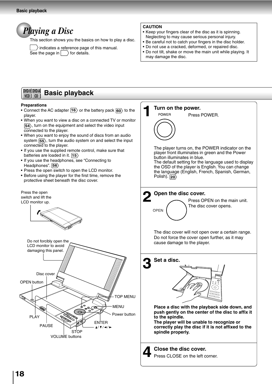 Playing a disc, Basic playback | Toshiba SD-P2800SE User Manual | Page 18 / 72
