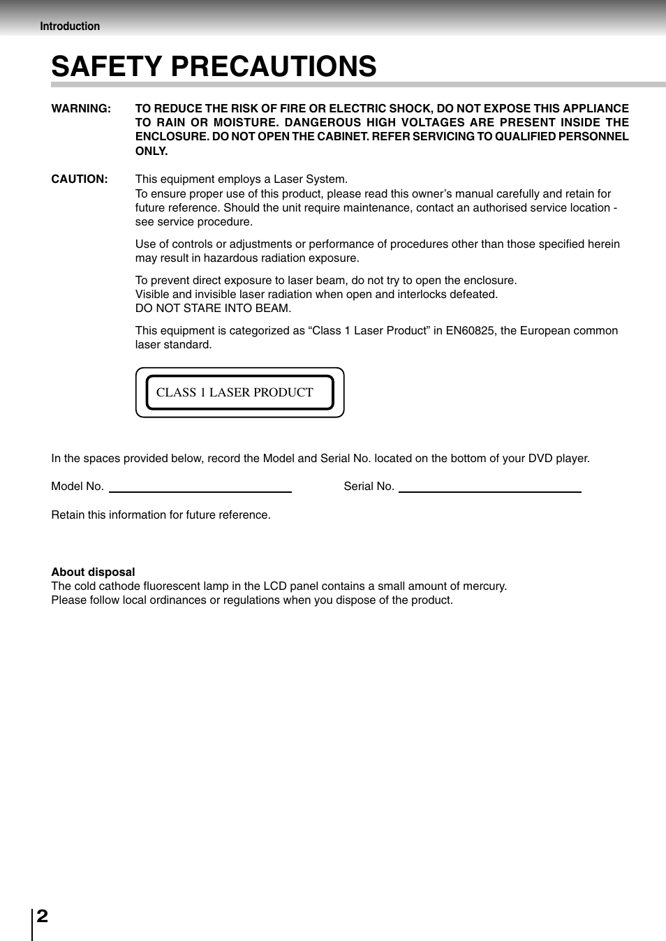 Safety precautions | Toshiba SD-P2800SE User Manual | Page 2 / 72