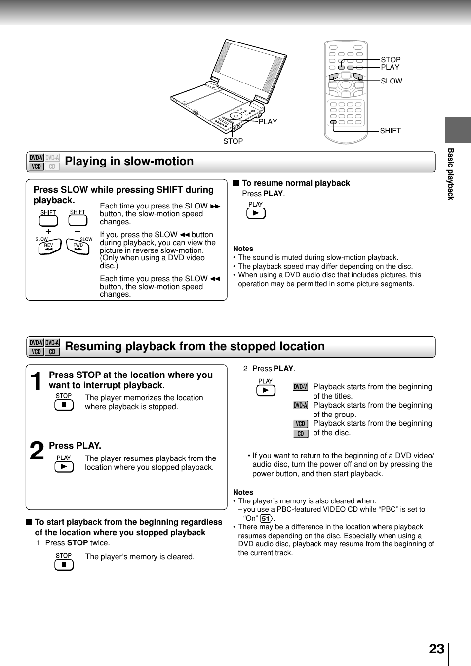 Resuming playback from the stopped location, Playing in slow-motion | Toshiba SD-P2800SE User Manual | Page 23 / 72