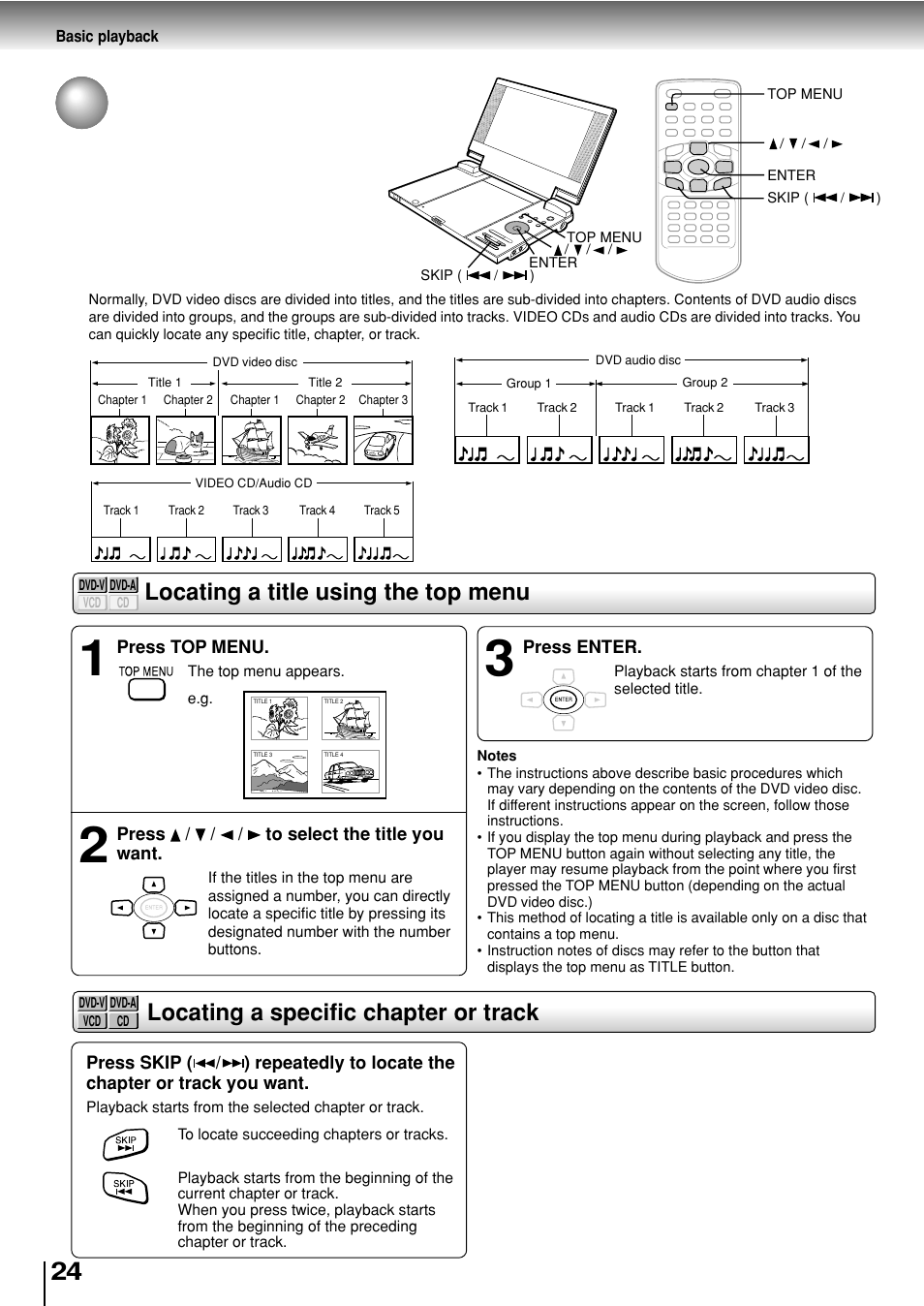 Locating a specific title, chapter, or track, Locating a title using the top menu, Locating a specific chapter or track | Toshiba SD-P2800SE User Manual | Page 24 / 72