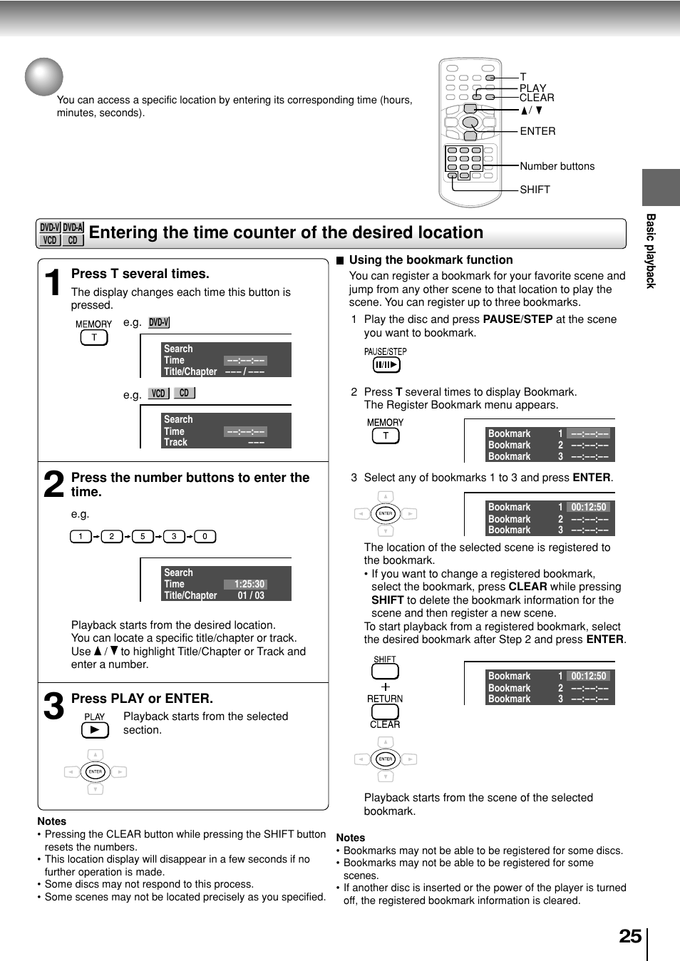 Directly accessing a specific location, Entering the time counter of the desired location | Toshiba SD-P2800SE User Manual | Page 25 / 72