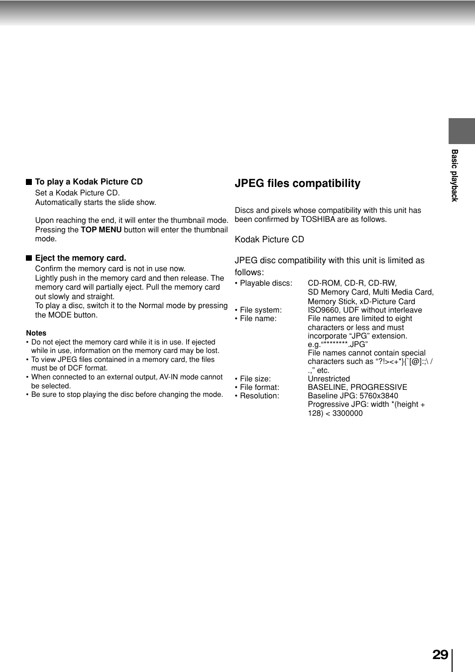 Jpeg files compatibility | Toshiba SD-P2800SE User Manual | Page 29 / 72