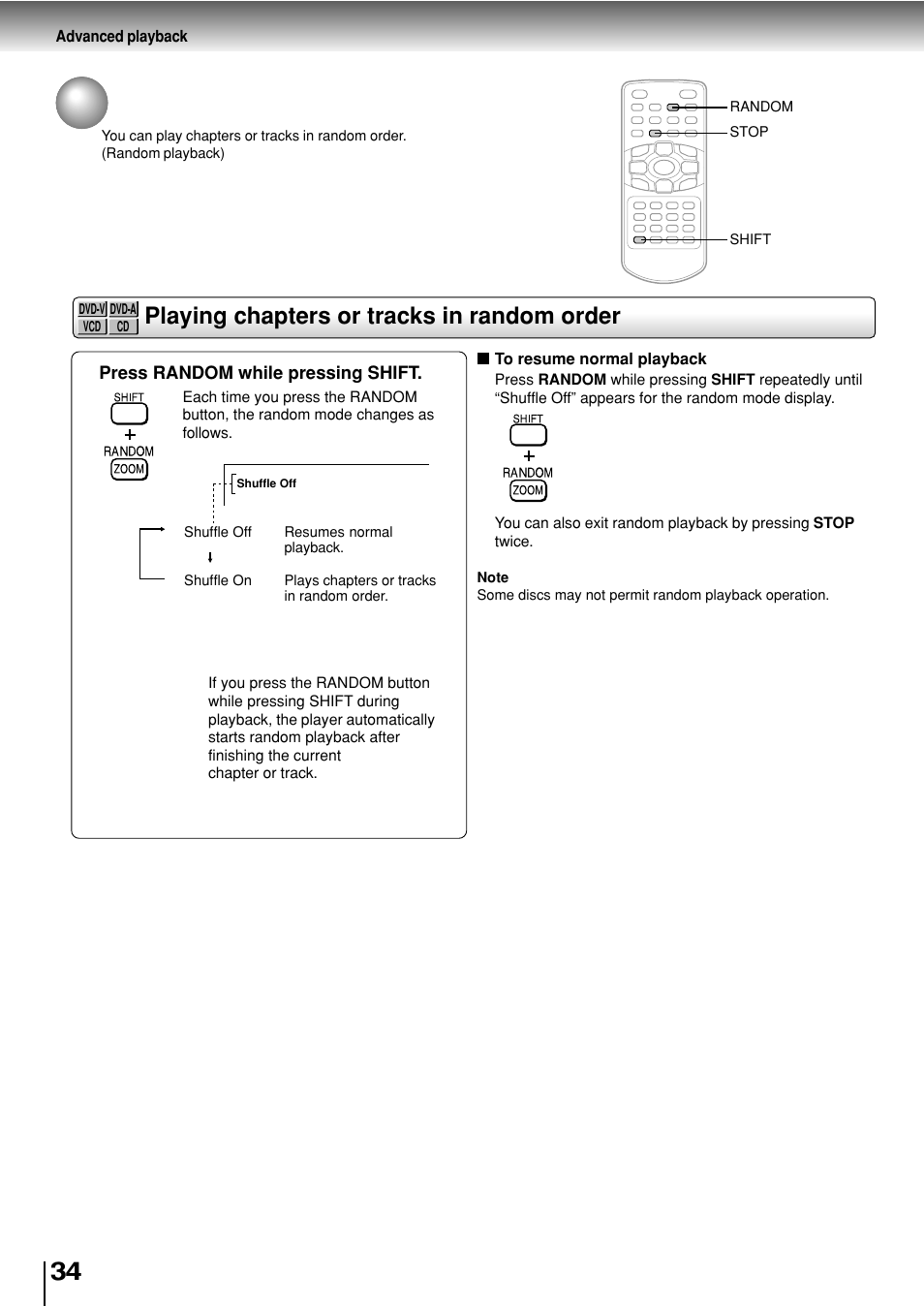 Playing in random order, Playing chapters or tracks in random order | Toshiba SD-P2800SE User Manual | Page 34 / 72