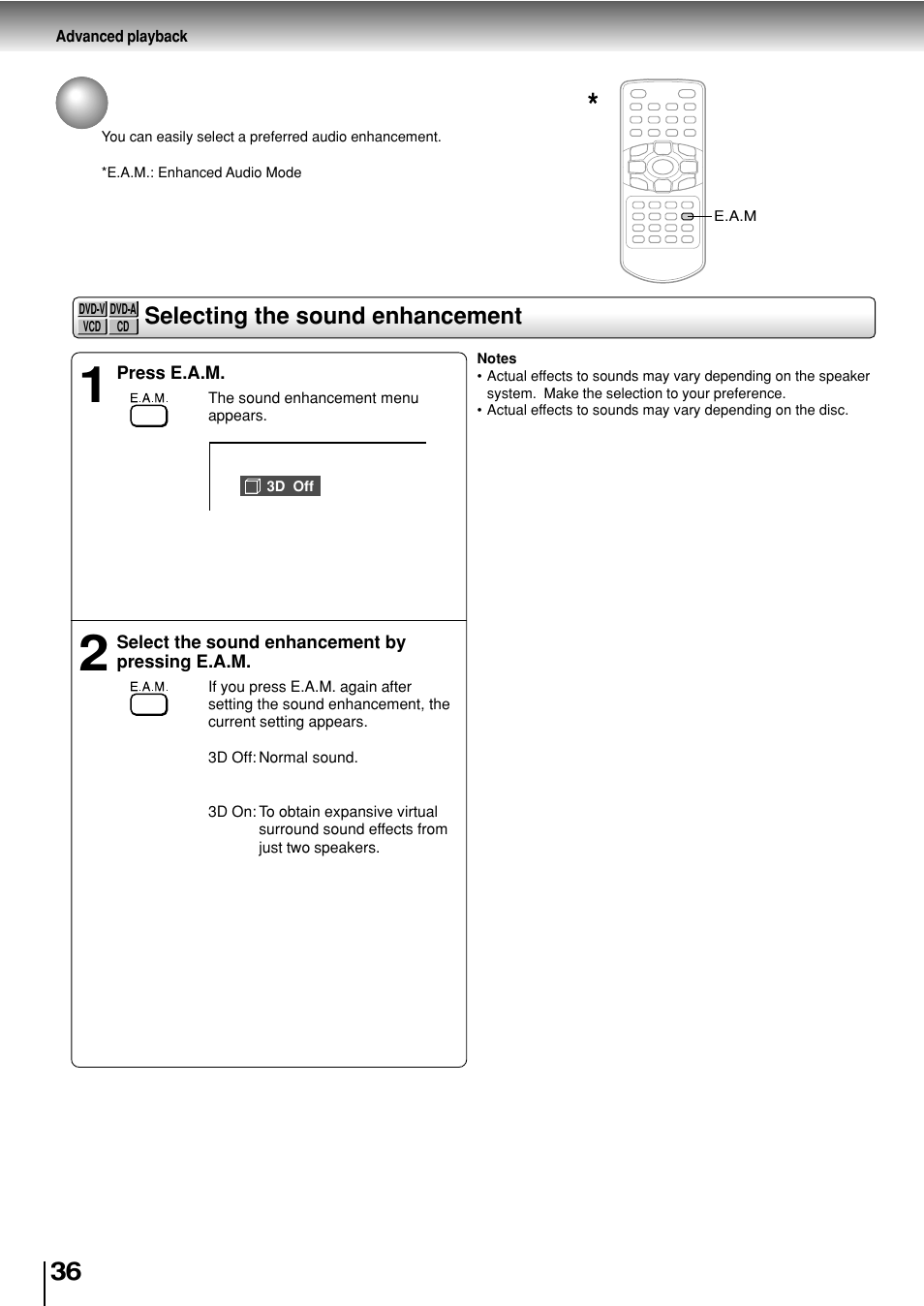 Selecting the sound enhancement (e.a.m. * ), Selecting the sound enhancement | Toshiba SD-P2800SE User Manual | Page 36 / 72