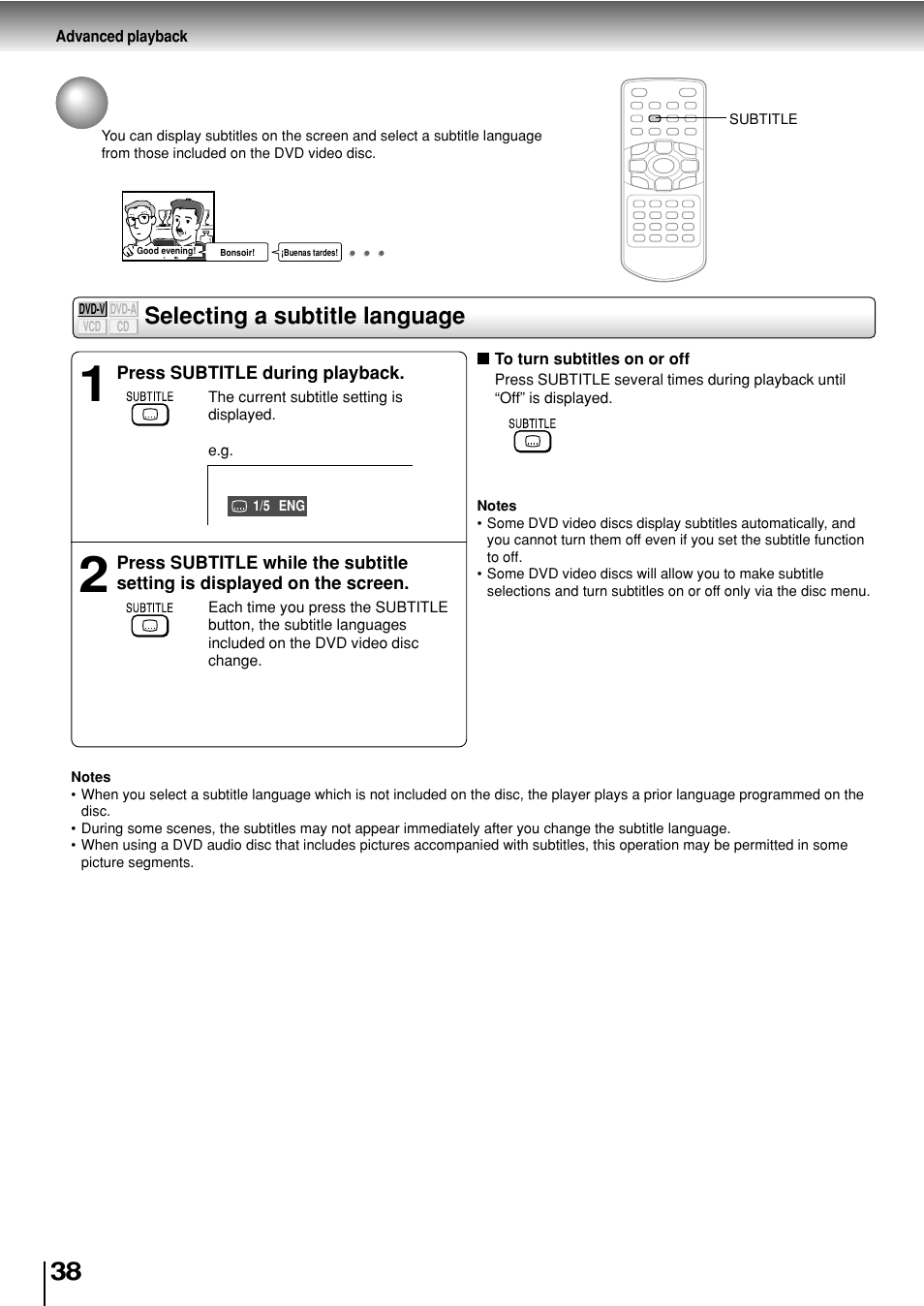 Selecting subtitles, Selecting a subtitle language | Toshiba SD-P2800SE User Manual | Page 38 / 72