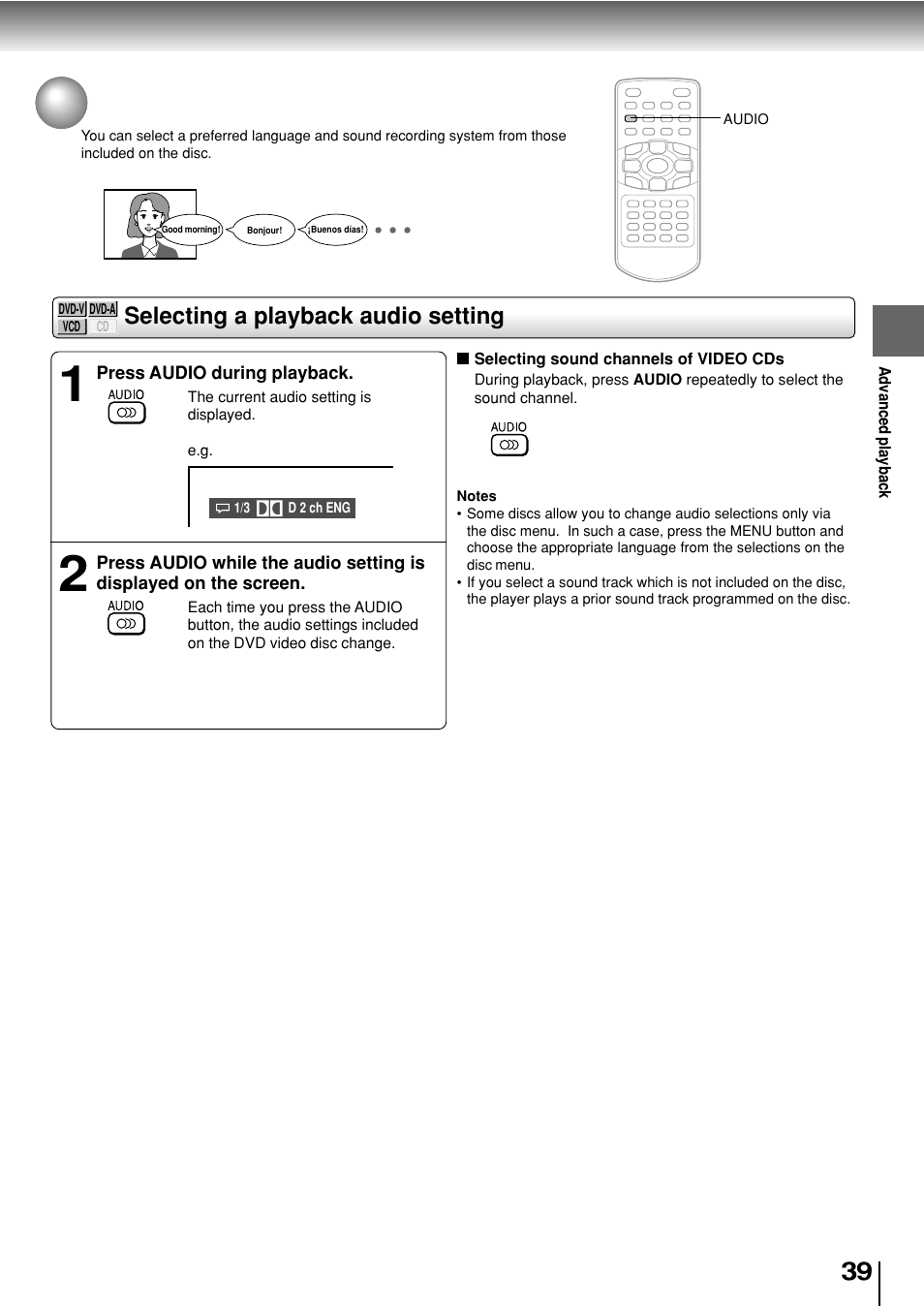 Selecting a language, Selecting a playback audio setting | Toshiba SD-P2800SE User Manual | Page 39 / 72
