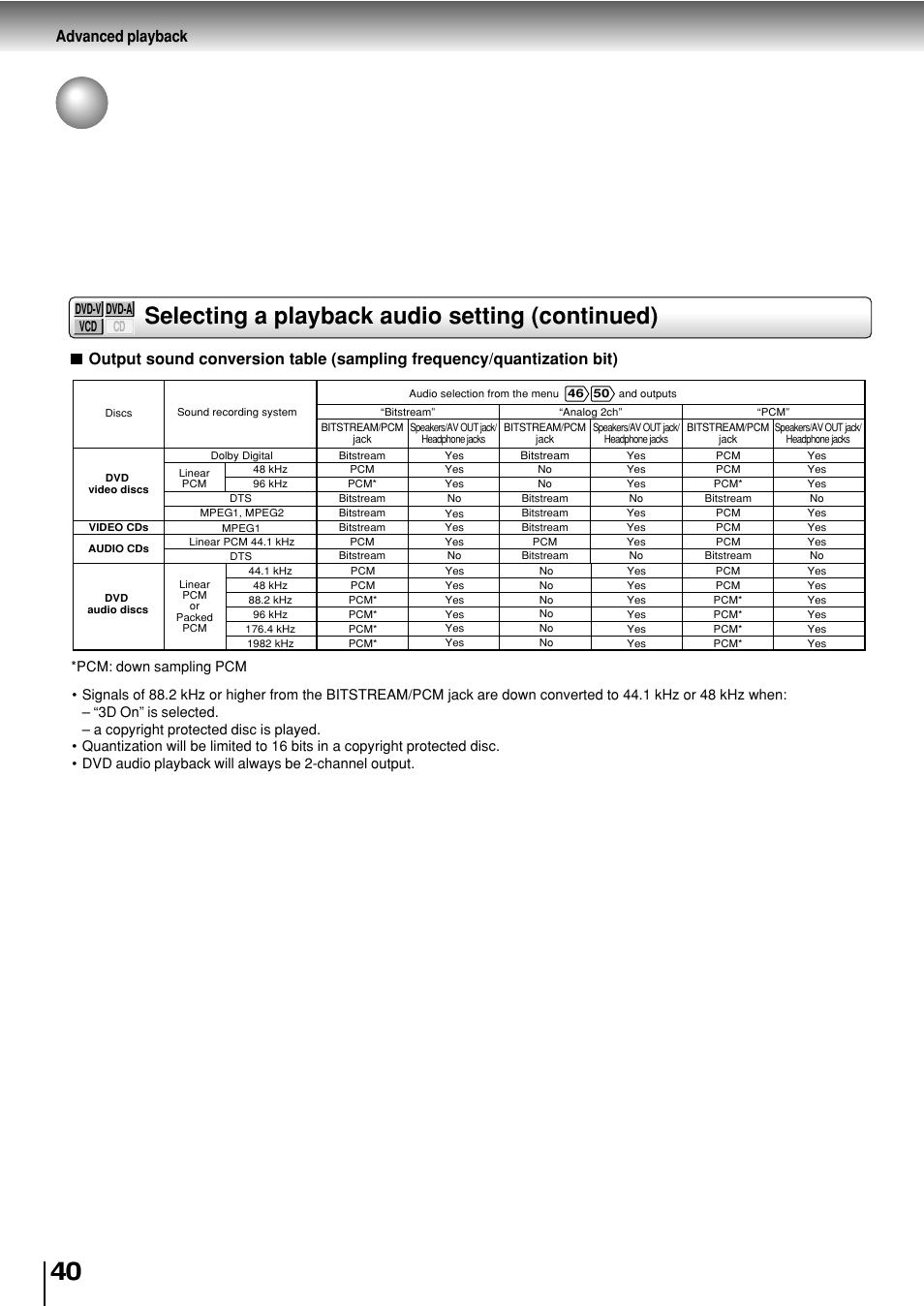 Selecting a language (continued), Selecting a playback audio setting (continued), Advanced playback | Toshiba SD-P2800SE User Manual | Page 40 / 72