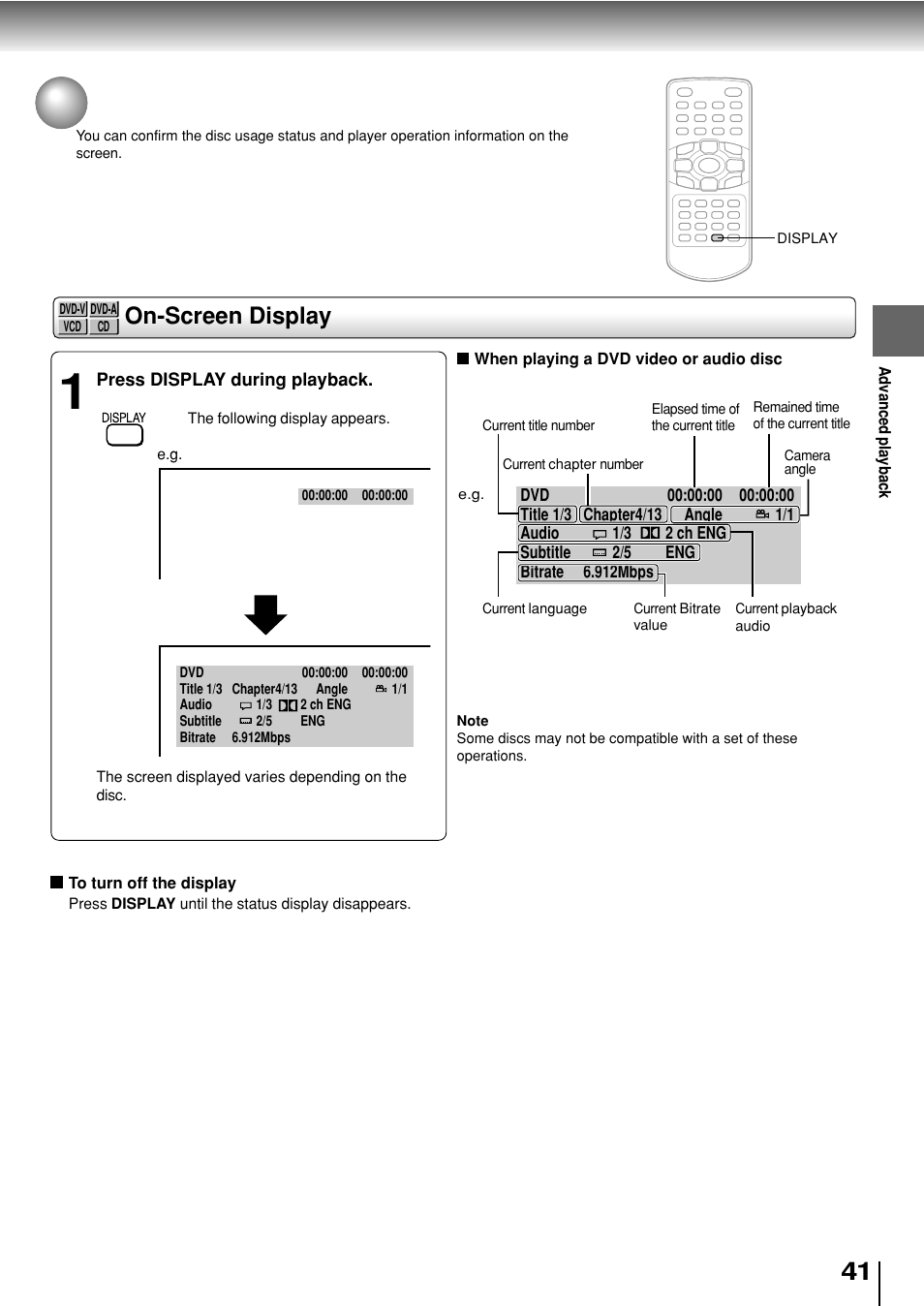 On-screen display mode, On-screen display | Toshiba SD-P2800SE User Manual | Page 41 / 72