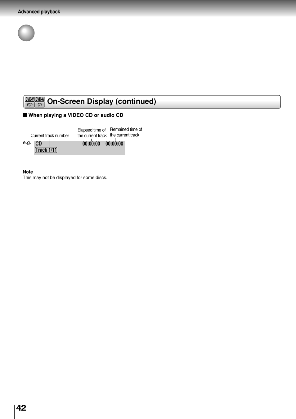 On-screen display mode (continued), On-screen display (continued) | Toshiba SD-P2800SE User Manual | Page 42 / 72