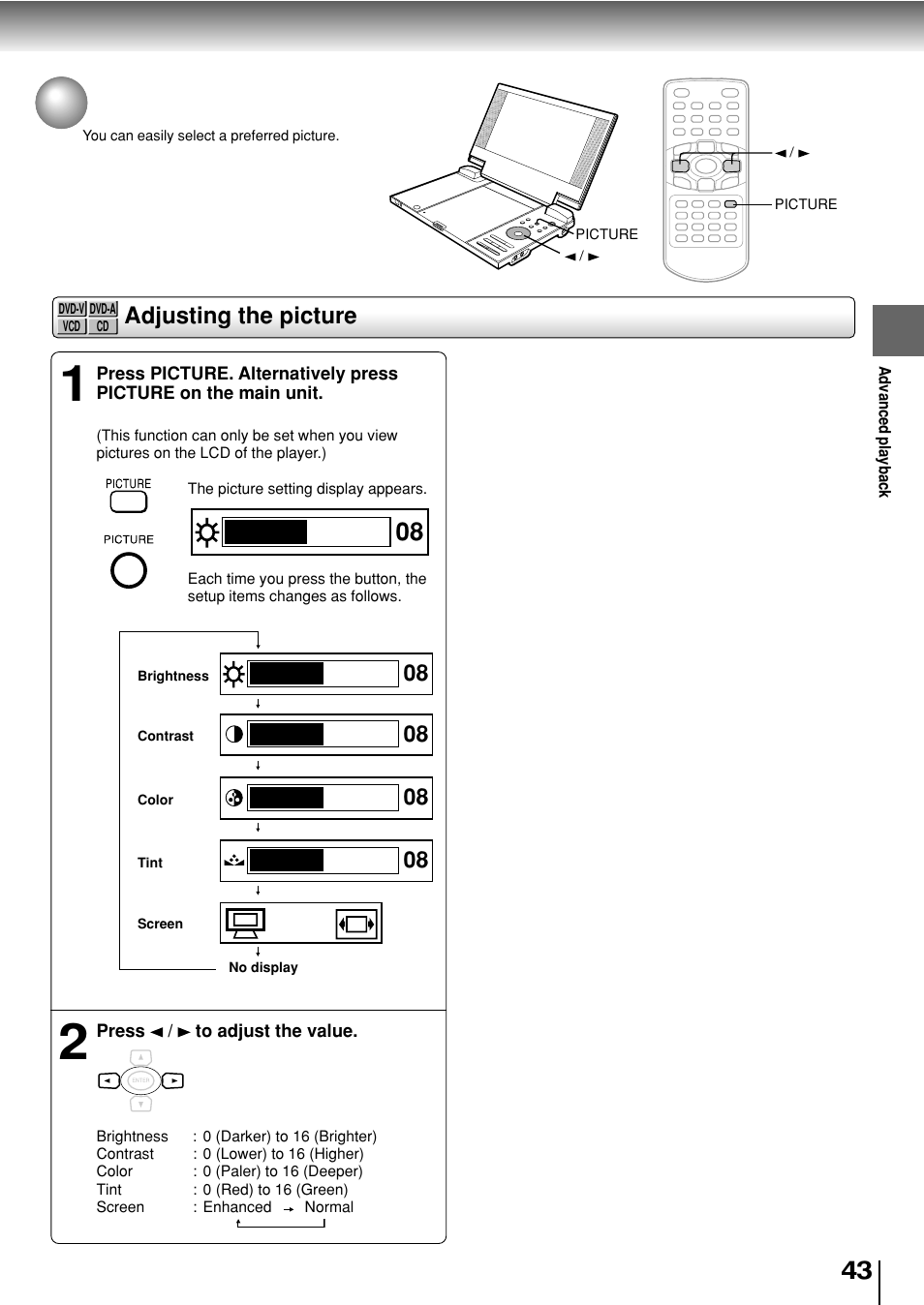 Adjusting the picture | Toshiba SD-P2800SE User Manual | Page 43 / 72