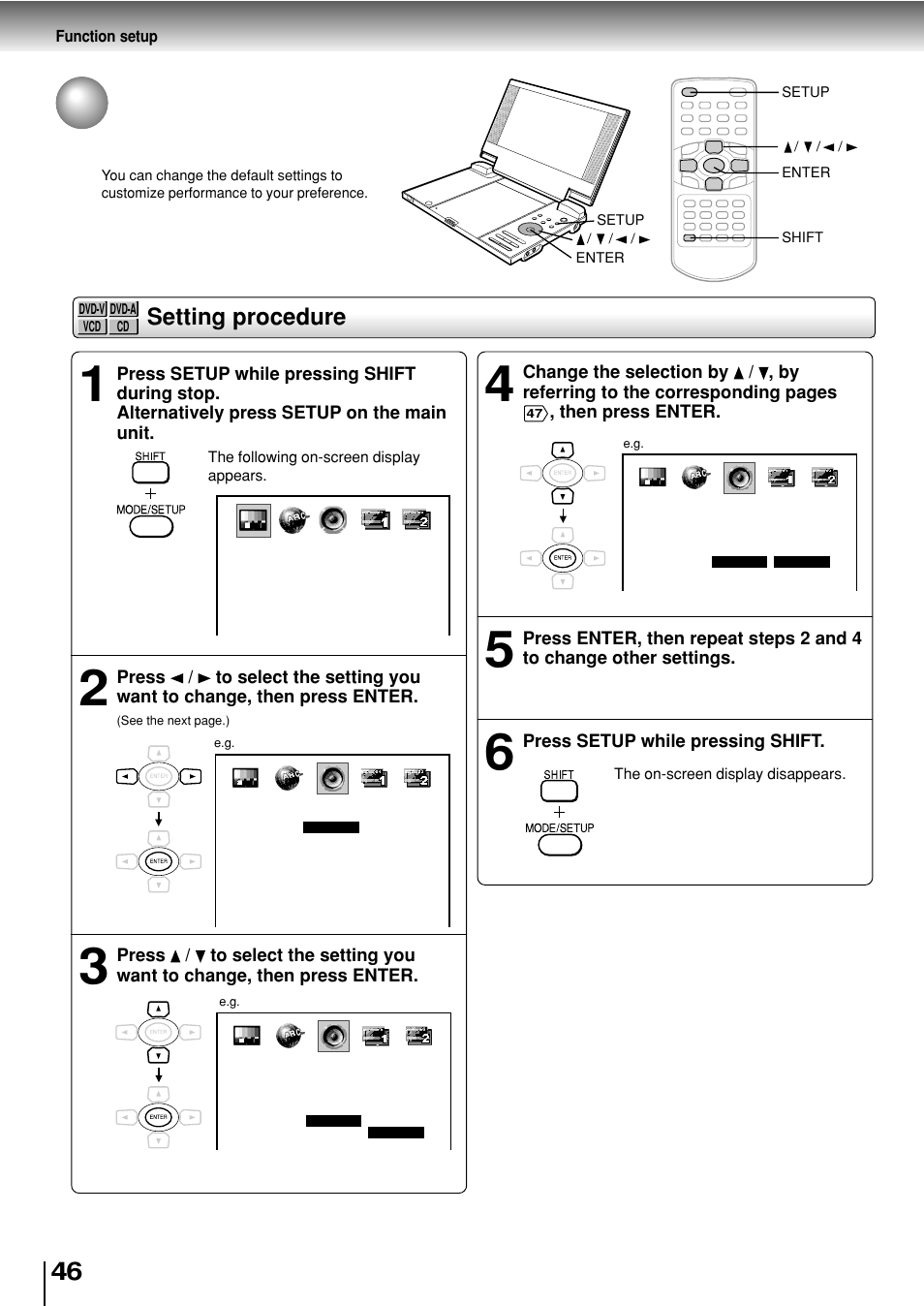 Customizing the function settings, Setting procedure | Toshiba SD-P2800SE User Manual | Page 46 / 72