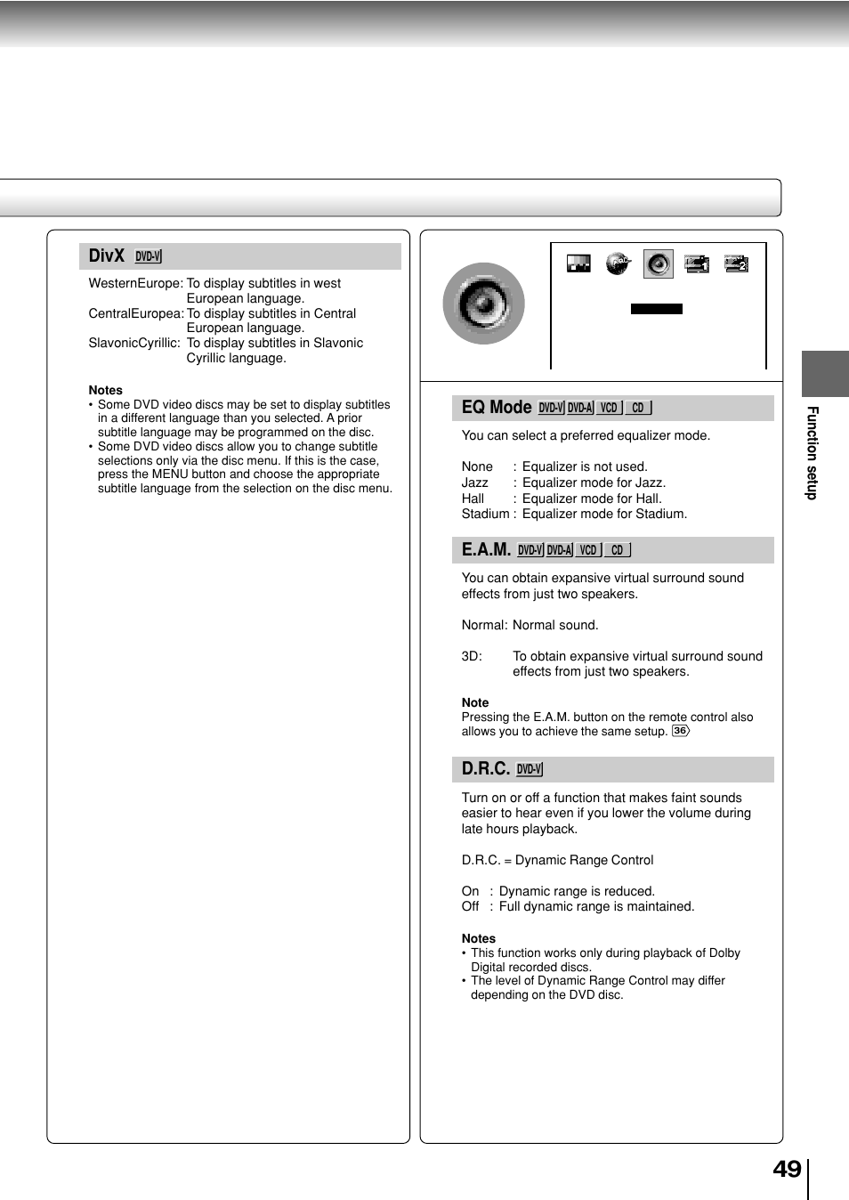 Divx, Eq mode, E.a.m | D.r.c | Toshiba SD-P2800SE User Manual | Page 49 / 72