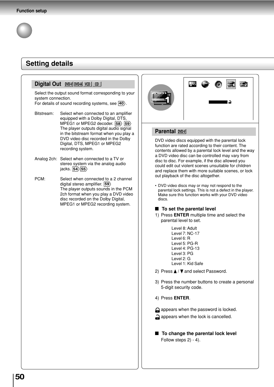 Customizing the function settings (continued), Setting details, Parental | Digital out | Toshiba SD-P2800SE User Manual | Page 50 / 72