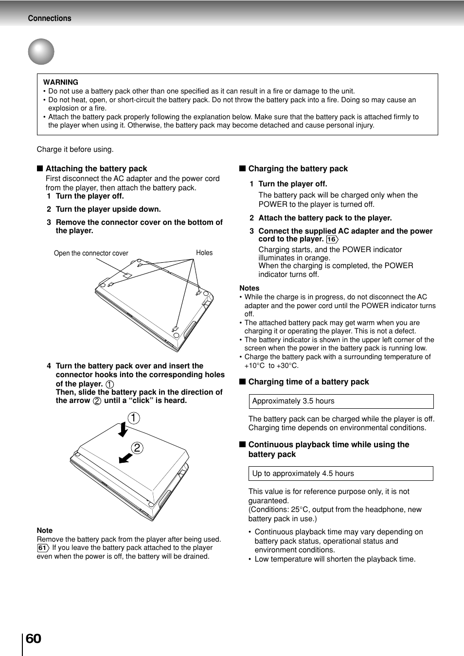 Using the battery pack | Toshiba SD-P2800SE User Manual | Page 60 / 72