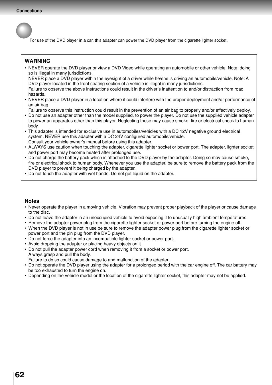 Using the automobile/vehicle adapter or power port | Toshiba SD-P2800SE User Manual | Page 62 / 72