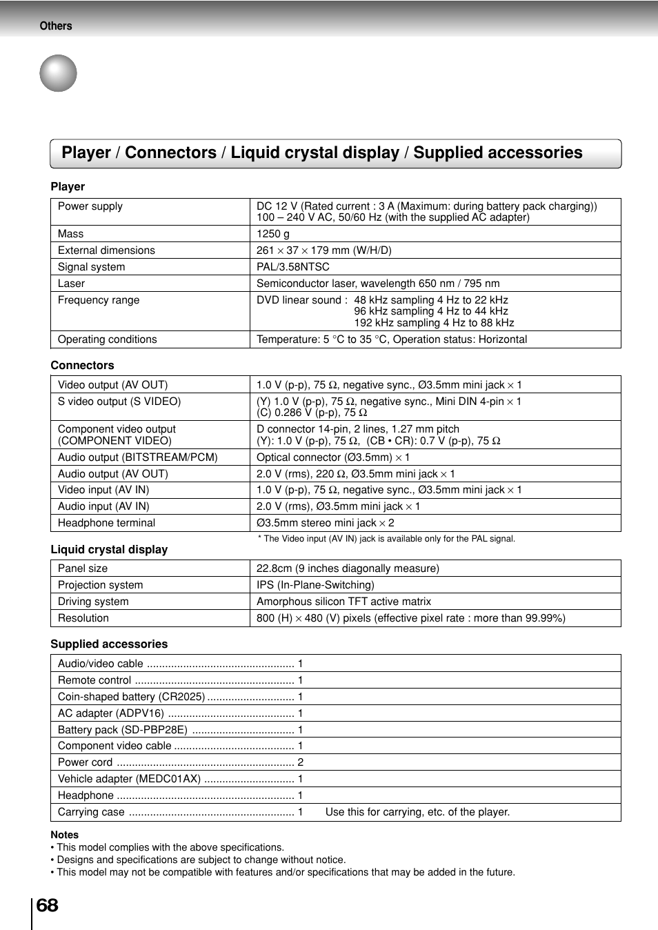 Specifications | Toshiba SD-P2800SE User Manual | Page 68 / 72