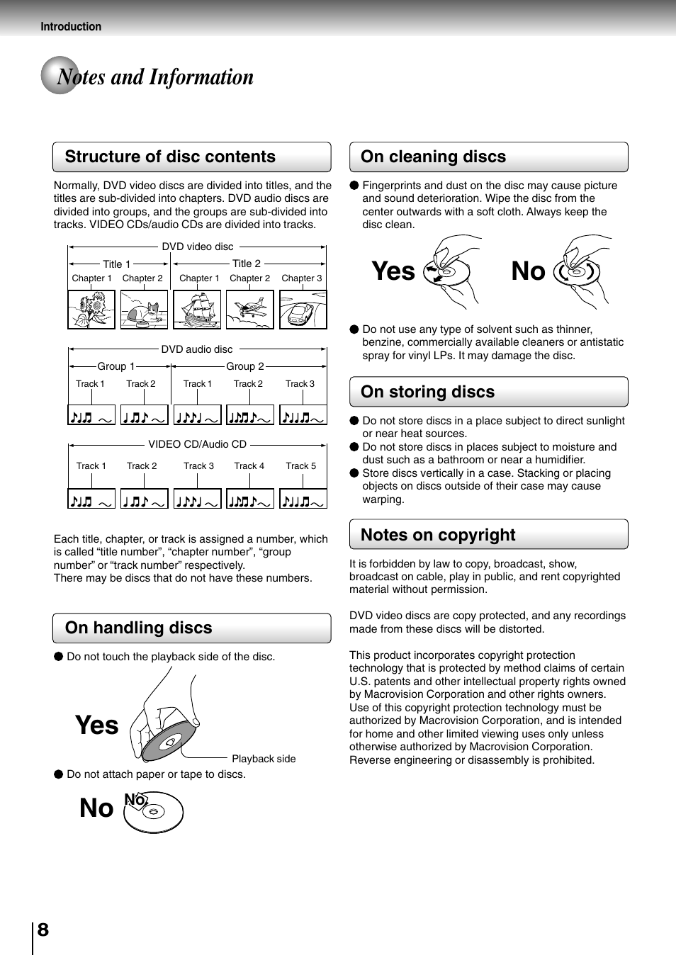 Yes no, Structure of disc contents, On handling discs | On cleaning discs, On storing discs | Toshiba SD-P2800SE User Manual | Page 8 / 72