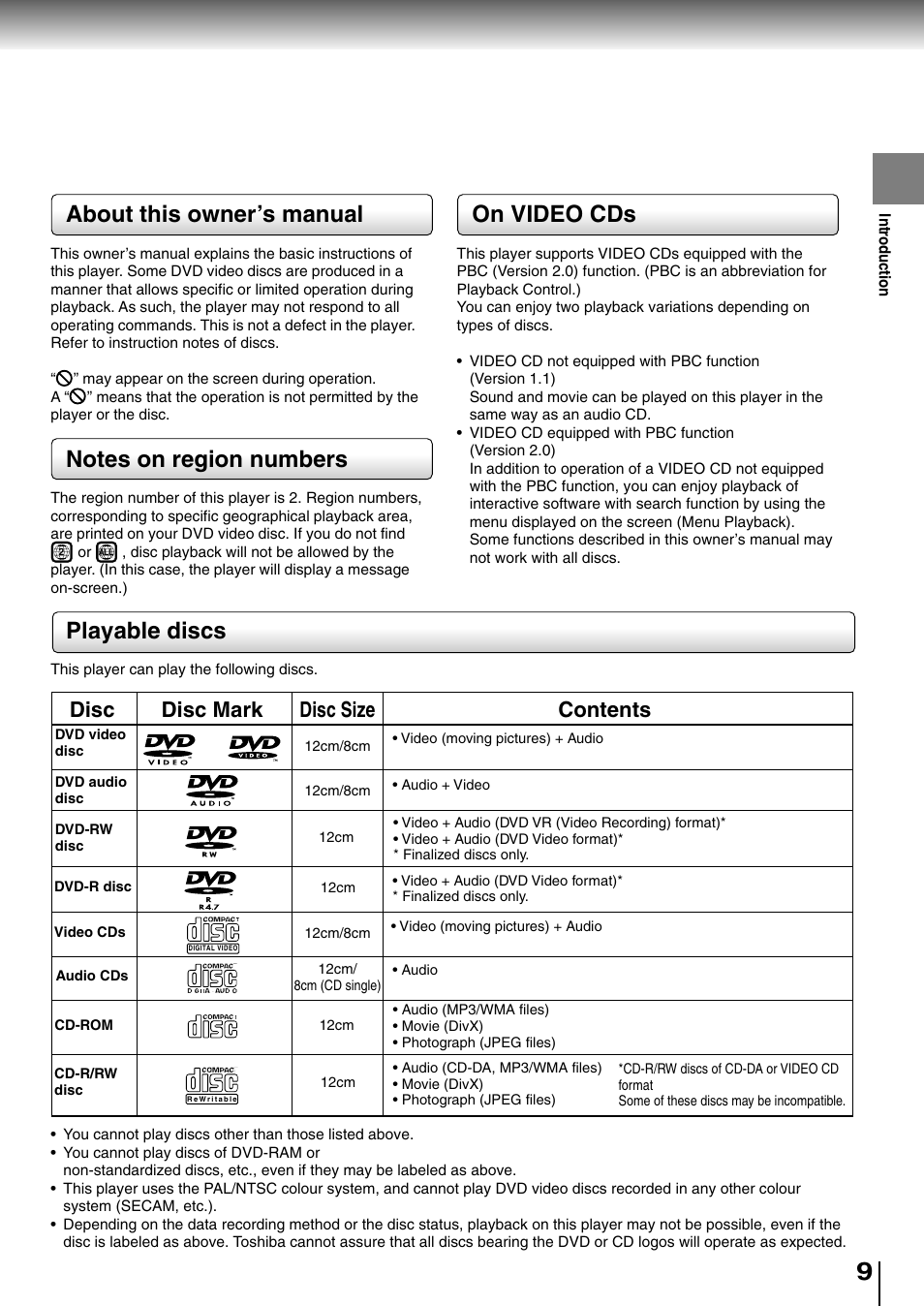 About this owner’s manual, On video cds, Playable discs | Disc disc mark disc size contents | Toshiba SD-P2800SE User Manual | Page 9 / 72