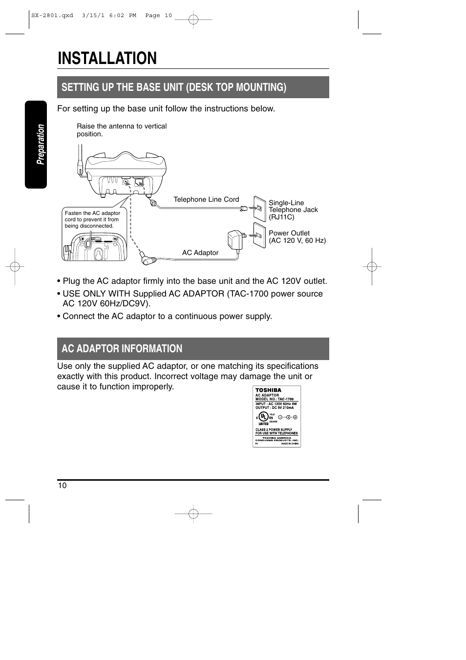 Installation, Setting up the base unit (desk top mounting), Ac adaptor information | Toshiba SX-2801 User Manual | Page 10 / 40