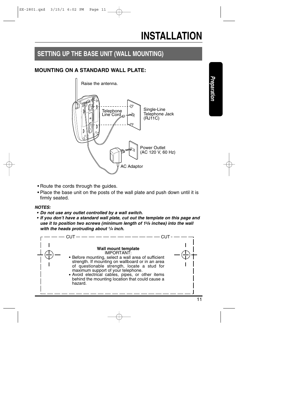 Installation, Setting up the base unit (wall mounting), Preparation | Toshiba SX-2801 User Manual | Page 11 / 40