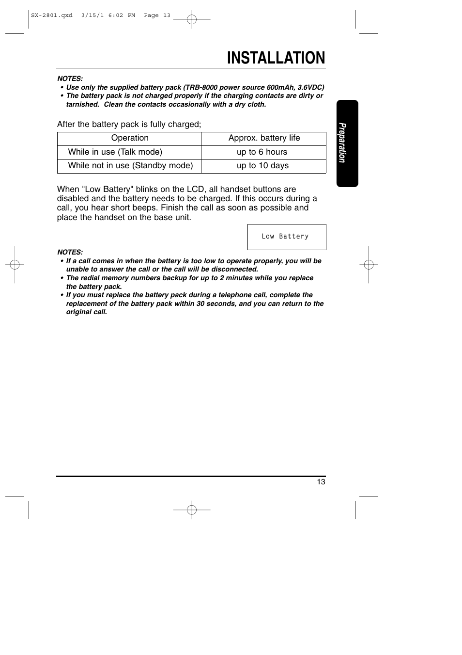 Installation, Preparation | Toshiba SX-2801 User Manual | Page 13 / 40