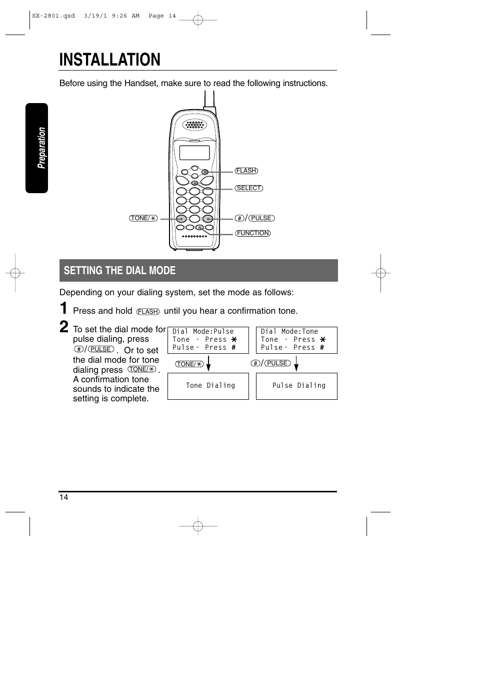 Installation, Setting the dial mode | Toshiba SX-2801 User Manual | Page 14 / 40